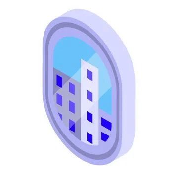 Round window showing cityscape with modern buildings in isometric view Stock Illustration
