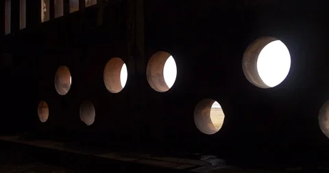Round windows in an abandoned building Stock Footage 92632561