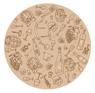 Round wine elements hand drawn, doodle and vector illustration icons set Stockillustratie