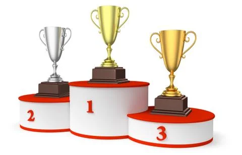 Round winner podium with trophy cups diagonal view Illustrazione stock