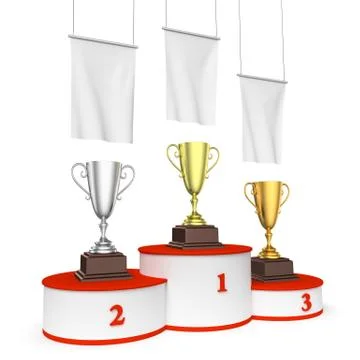 Round winners podium with trophy cups and blank white flags. Stock Illustration