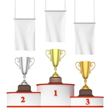 Round winners podium with trophy cups and blank white flags Illustrazione stock