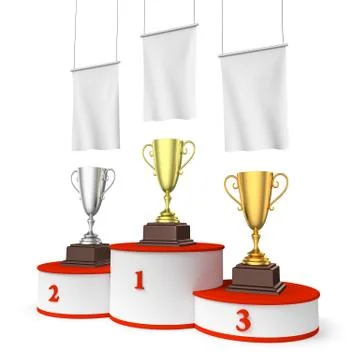 Round winners podium, trophy cups and blank white flags Stock Illustration