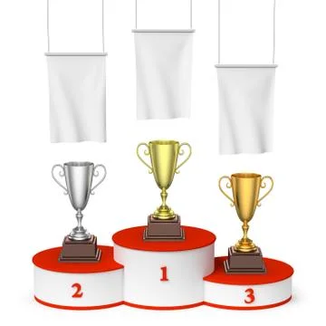 Round winners podium with trophy cups and white flags Stock Illustration