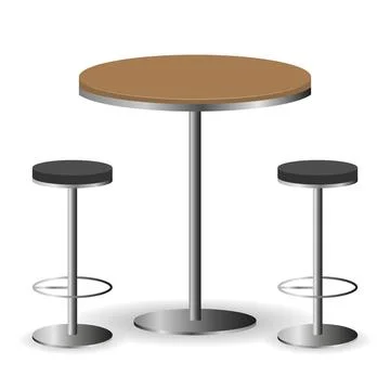 Round wooden bar table with two chrome high stools isolated on white vector. Stock Illustration