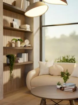 A round wooden stool table under lamp light and white sofa in a living room.. Stock Illustration