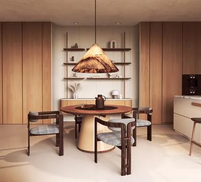 Round wooden table and patterned chairs under glowing pendant lamp in japandi Ilustración de archivo