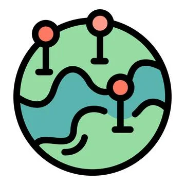 Round world map showing locations with pins marking important places Stock Illustration