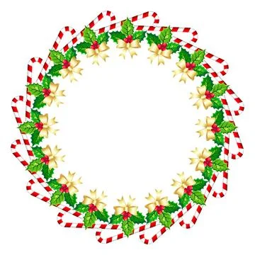 Round wreath frame made of candy cane, pretty bow and Christmas holly Иллюстрация
