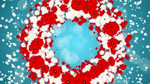 Round wreath frame with red flowers poppies and daisies. 스톡 동영상 244595866