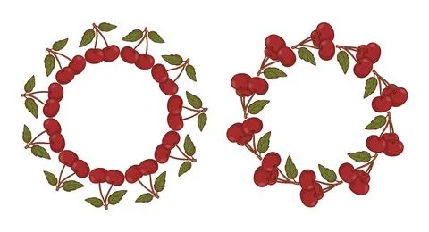 Round Wreath Frame with Ripe Red Cherries and Green Leaves Set. Isolated Bo.. Stock Illustration
