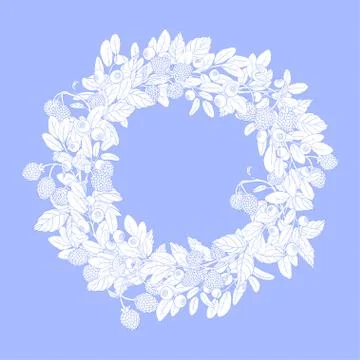 Round wreath or frame with sprigs of blueberries and raspberries Stock Illustration