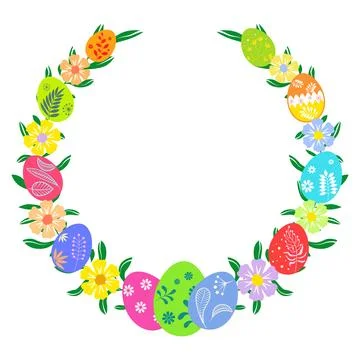 Round wreath of painted Easter eggs and beautiful flowers Stock Illustration