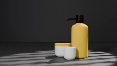 Round yellow minimalistic soap dispenser bottle, cosmetic cream jar, candle Stock Footage 314291380