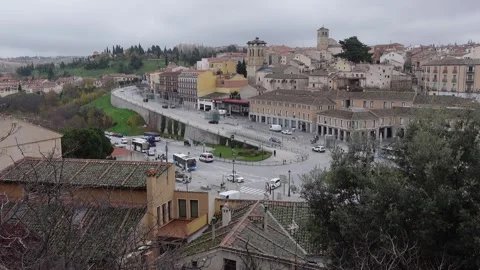 Roundabout in front of Segovia Aqueduct Stock Footage 294821785