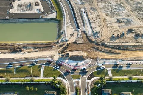 Roundabout intersection construction in North Port, Florida. Development of A Фото