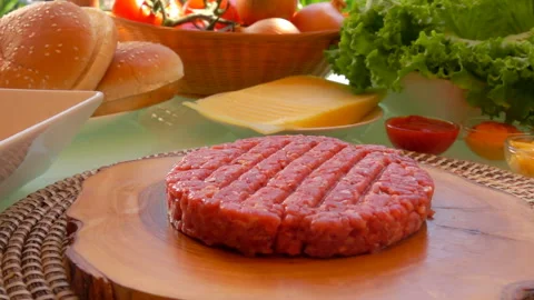 Roundabout panorama of minced meat pressed into a cutlet Stock Footage 129118132