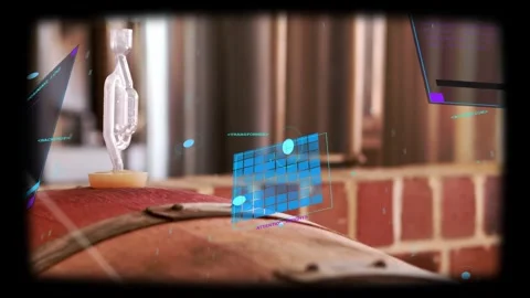 Rounded barrel top holding airlock, holographic brewery UI appearing on data Stock Footage 331713655