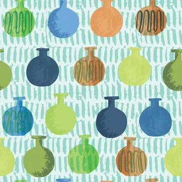 Rounded containers such as bottles or vases  seamless vector pattern background. Illustrazione stock