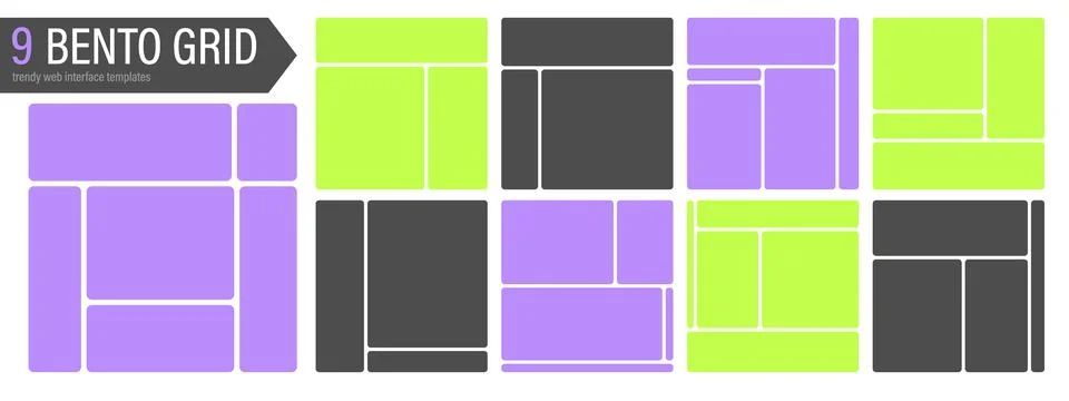 Rounded corner bento grid frames. Clean geometric collage layouts for photo.. Stock Illustration