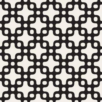 Rounded Cross and Circles Lattice. Vector Seamless Black and White Pattern Stock Illustration