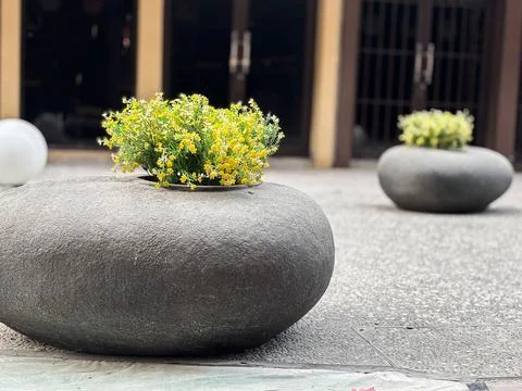 Rounded, dark gray stone planter of vibrant yellow and white flowers Stock Photos