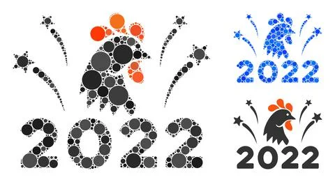 Rounded Dot 2022 Rooster Fireworks Icon Mosaic Stock Illustration