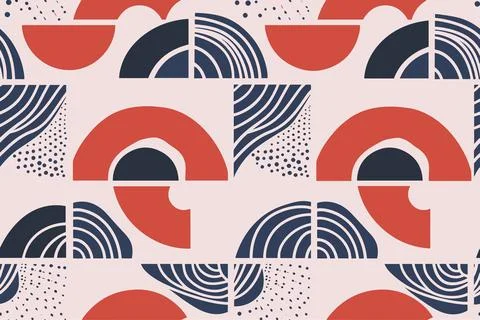 Rounded geometric shapes seamless pattern. Memphis color red blue cartoon Stock Illustration