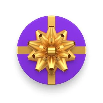Rounded gift box package purple wrap with glossy tied golden bow ribbon Stock Illustration