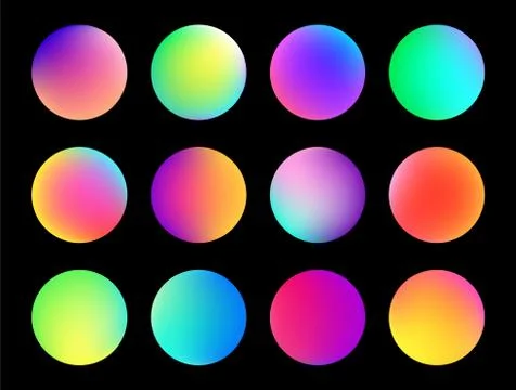 Rounded holographic gradient sphere button. Multicolor fluid circle gradients Stock Illustration