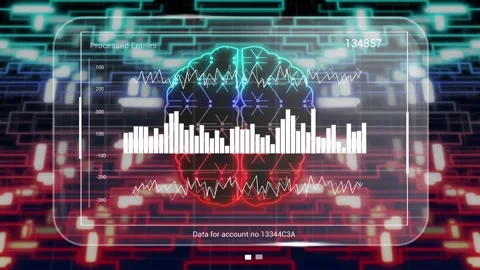 Rounded HUD with neon brain and bar chart animating after data pulse, Stock Footage 334351914