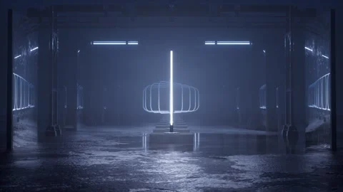 Rounded neon frames rotating inside an industrial hangar Stock Footage 346781513