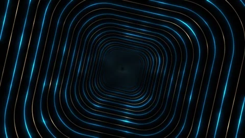 Rounded neon square tunnel visual with blue and gold glowing paths, dark center Stock Footage 340549480