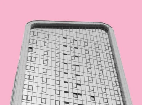 Rounded office tower on pink background. Halftone skyscraper with grid window Stock Illustration