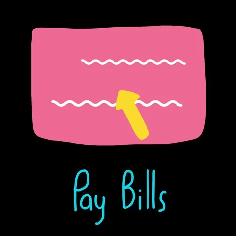 Rounded pink rectangle with yellow upward arrow and "Pay Bills" Stock Footage 313112626