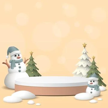 Rounded podium with 3D miniature model of snowman, decorated Christmas tree.. Stock-Illustration
