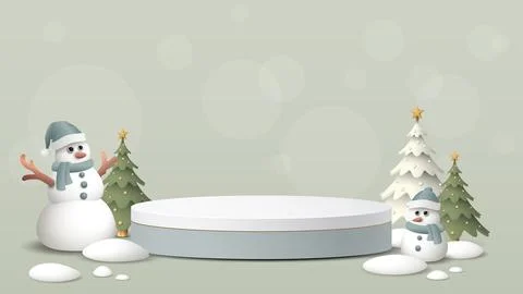 Rounded podium with 3D miniature model of snowman, decorated Christmas tree.. Stock-Illustration