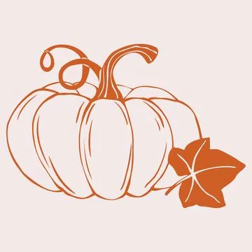 Rounded Pumpkin with Curly Tendril, Stem and Leaf. Hand Drawn Doodle Style Ve Stock Illustration