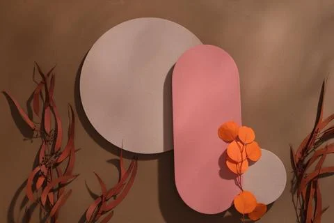 Rounded rectangle and round shaped podiums decorated with leaves. Concept sce Stock Photos