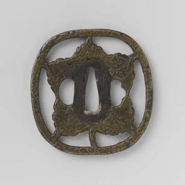 . Rounded rectangular tsuba in the shape of a mon, made up of a five-point... Stock Photos
