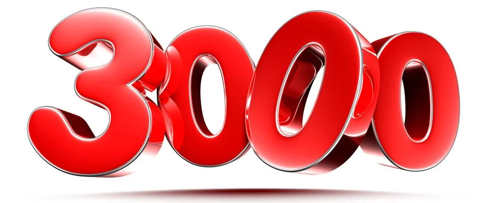Rounded red numbers 3000 on white background 3D illustration with clipping pa Stock Illustration