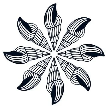 Rounded seashells print for coloring book page. Tattoo line design. Circle pr Stockillustratie