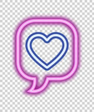 Rounded square neon speech bubble is glowing purple, pink with blue heart on Stock Illustration