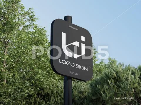 Rounded Square Sign Mockup on a Pole with Trees PSD Template