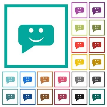 Rounded square smiling chat bubble solid flat color icons with quadrant frame Stock Illustration