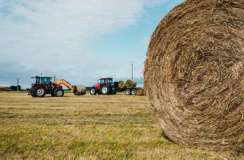 Rounded straw bale and two tractors working Stock Photos