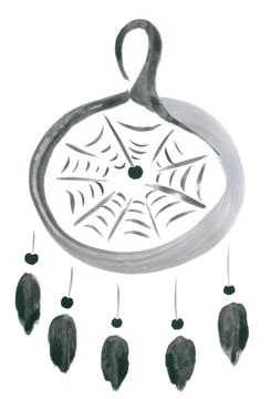 Rounded symmetrical stylized pattern with dreamcatcher elements in gray Stock Illustration