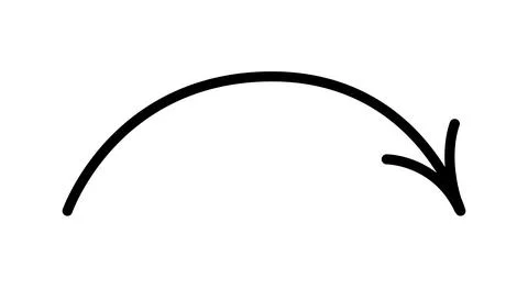 Rounded thin arrow pointing right and down. Sketch. Vector black line design Stock Illustration