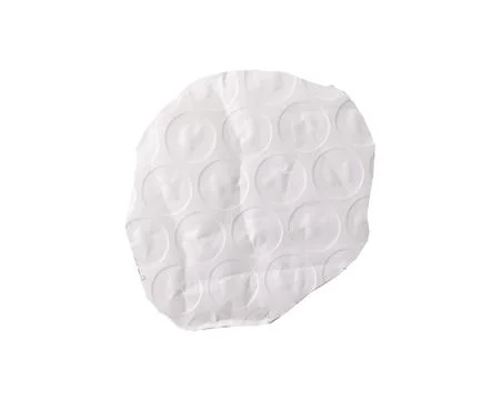 Rounded torn piece of bubble wrap with soft circular texture and creased su.. Stock Photos