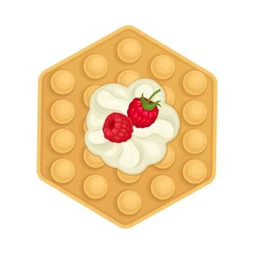 Rounded Waffle with Textured Surface and Creamy Topping with Raspberry Vector Illustrazione stock